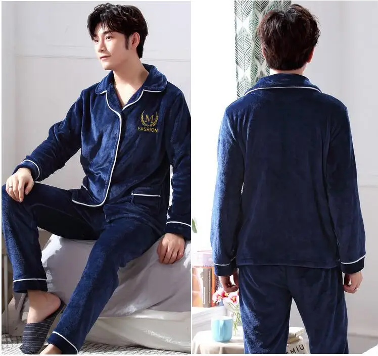 Fashion Brand Luxury Winter Pajamas Men Sleepwear Thick Warm Coral Fleece Mens Pajama Set Male Nightwear Leisure Home Clothing