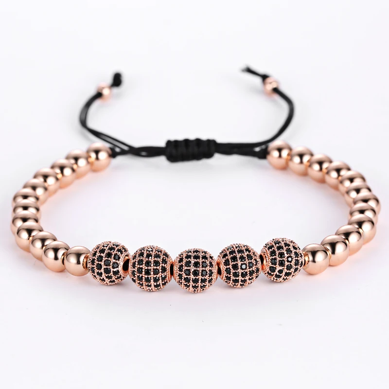 Mcllroy мужские браслеты, круглые бусины и 8 мм Micro Pave черные CZ бусины Micro Pave кубического циркония плетение Макраме Браслеты