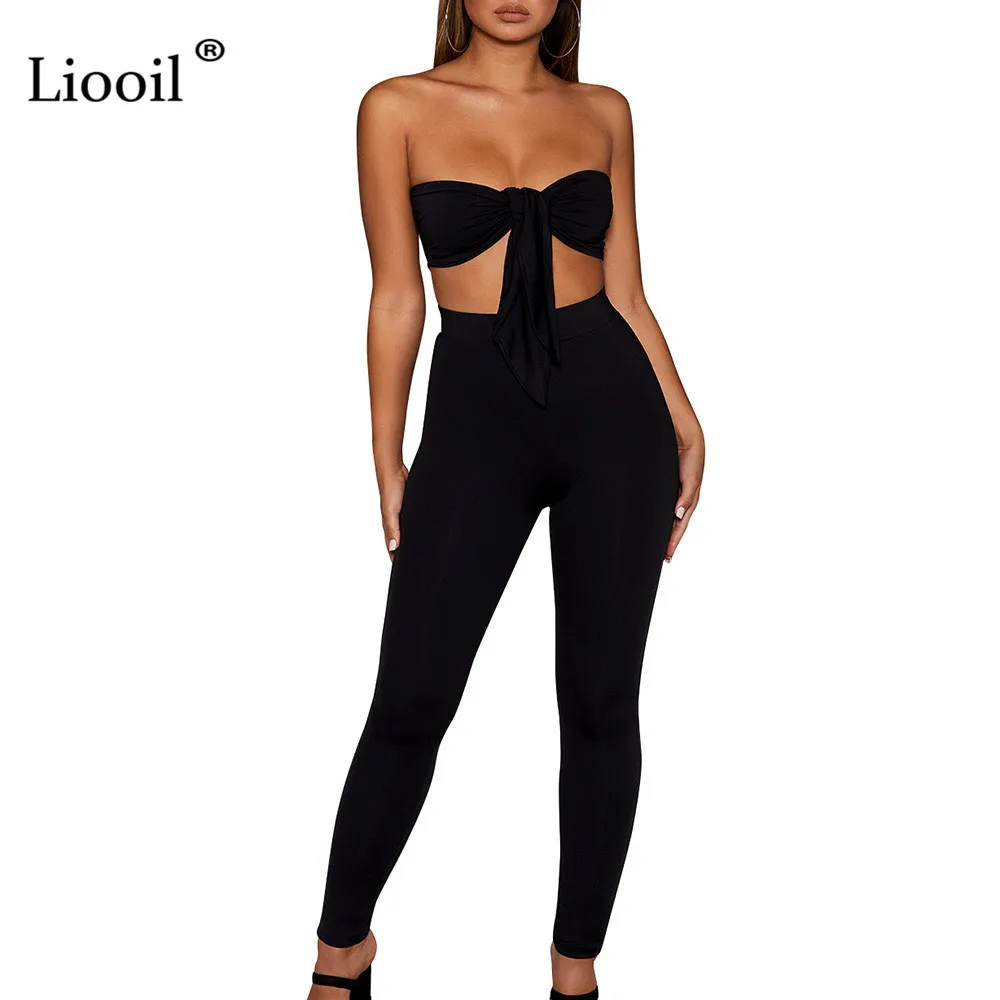 Liooil/комплект из 2 предметов без бретелек, женская одежда, сексуальные Клубные наряды, комплект из двух предметов, топ и штаны, черно-белый спортивный костюм, комплект в комплекте