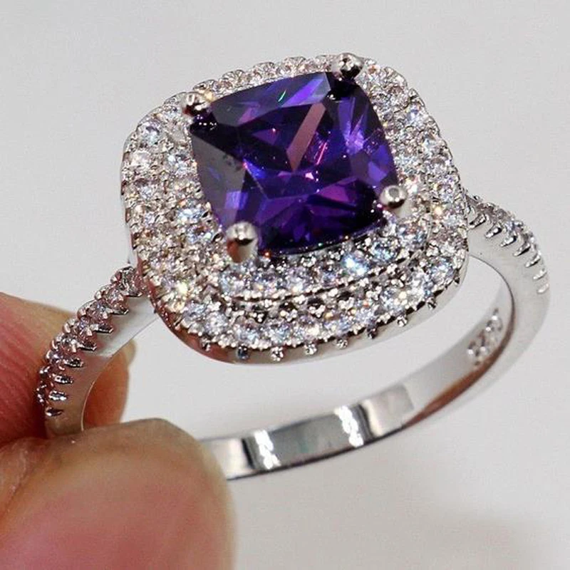 Fashion AAA CZ Rings For women Show Elegant Temperament Jewelry Womens Girls Silver color Engagement party Wedding Ring gifts - Цвет основного камня: Фиолетовый