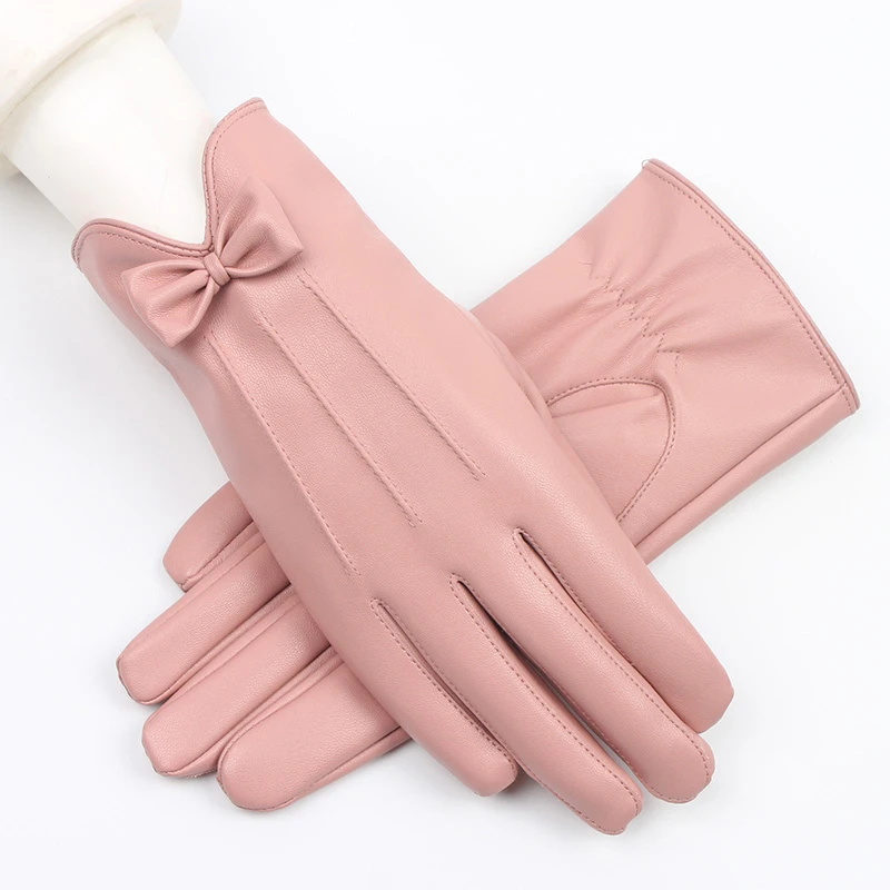 Женские кожаные перчатки с рисунком оленя розовые сенсорным экраном для