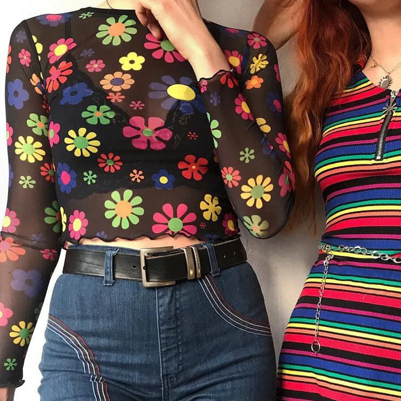 Женская сексуальная Сетчатая футболка с цветочным принтом повседневная