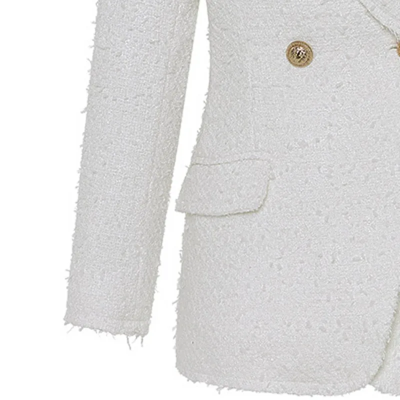 Женское твидовое пальто белое приталенное двубортное пиджак для офиса размера