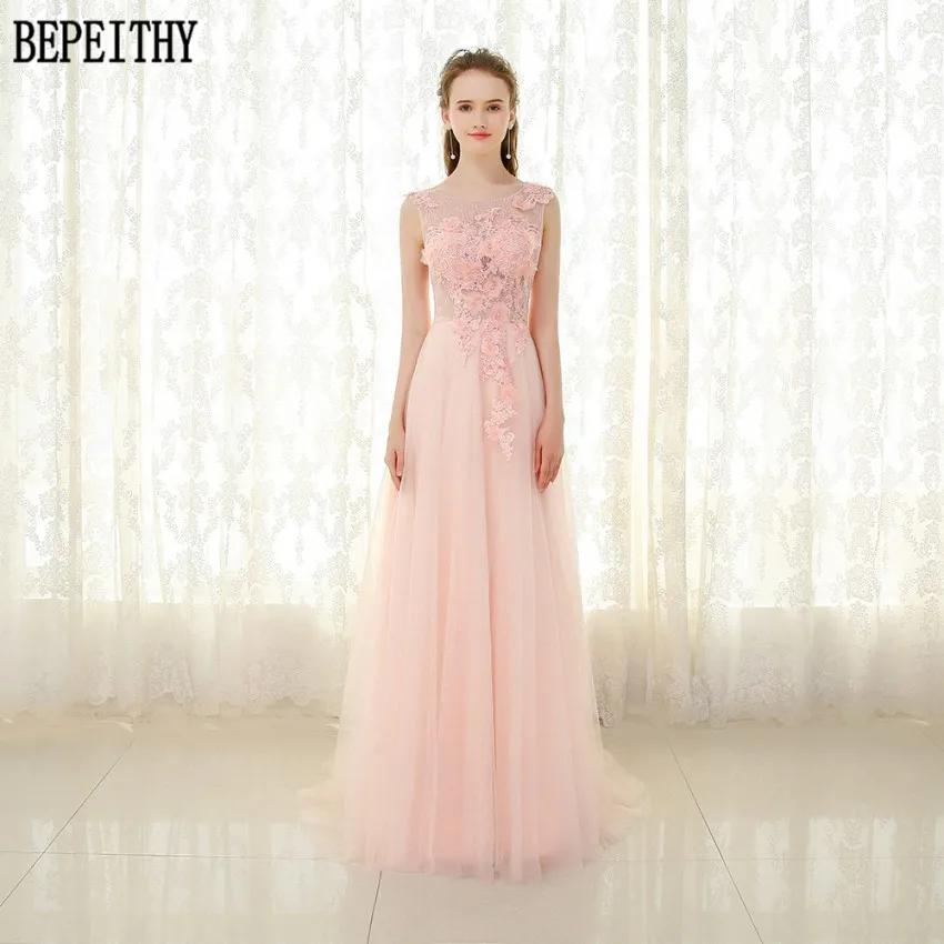 BEPEITHY vestido de festa платье трапециевидной формы из тюля с розовыми кружевными бусинами платье для выпускного вечера с аппликацией длинное вечернее платье - Цвет: Розовый