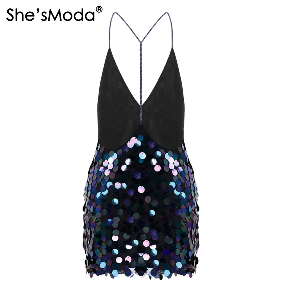 Женское вечернее короткое платье She'sModa расшитое блестками с открытой спинкой и