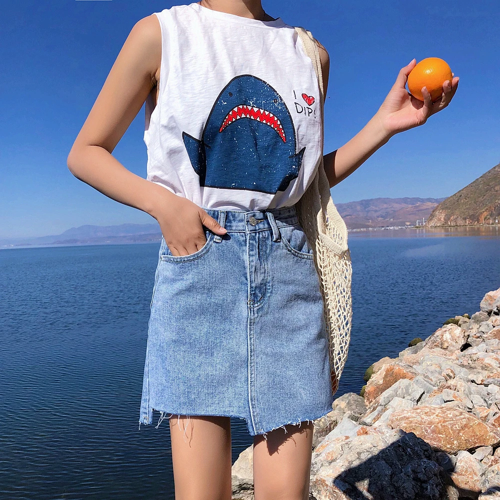 Summer 4 цвета летняя юбка корейский ulzzang стиль высокая талия джинсовые юбки мини-кисточка линия женские джинсовые юбки(Z5262