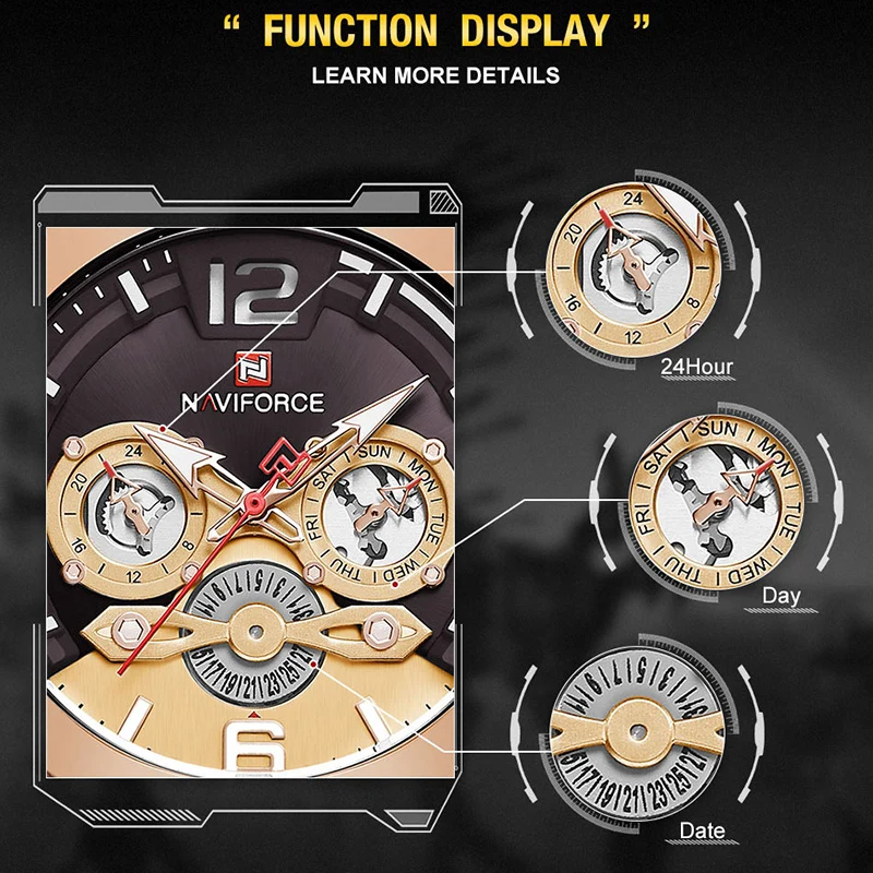 Часы NAVIFORCE мужские модные кварцевые водонепроницаемые с кожаным ремешком