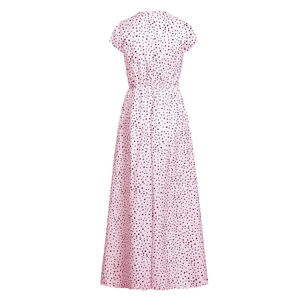 Vestido de festa longo, женское летнее платье, короткий рукав, в горошек, с кисточками, v-образный вырез, длинные платья, винтажная пляжная туника, макси платье, Saia