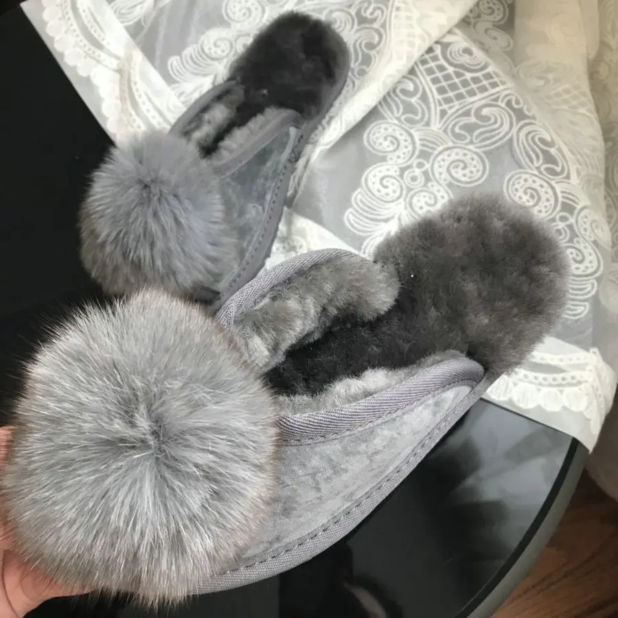 Г., шлёпанцы из овчины с помпонами из лисьего меха натуральная шерсть теплые шлёпанцы женская домашняя обувь на плоской подошве