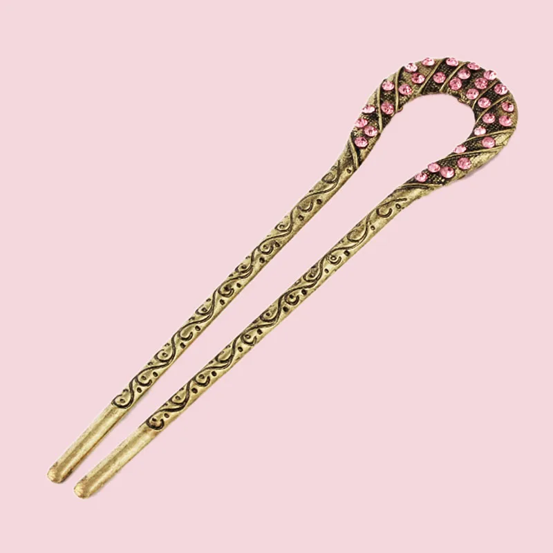 PINK Античные палочки для волос с сердечками, рельефы, цветочный дизайн, листья, хрустальные стразы, китайский стиль, шпилька, модное ювелирное изделие для женщин - Окраска металла: PINK
