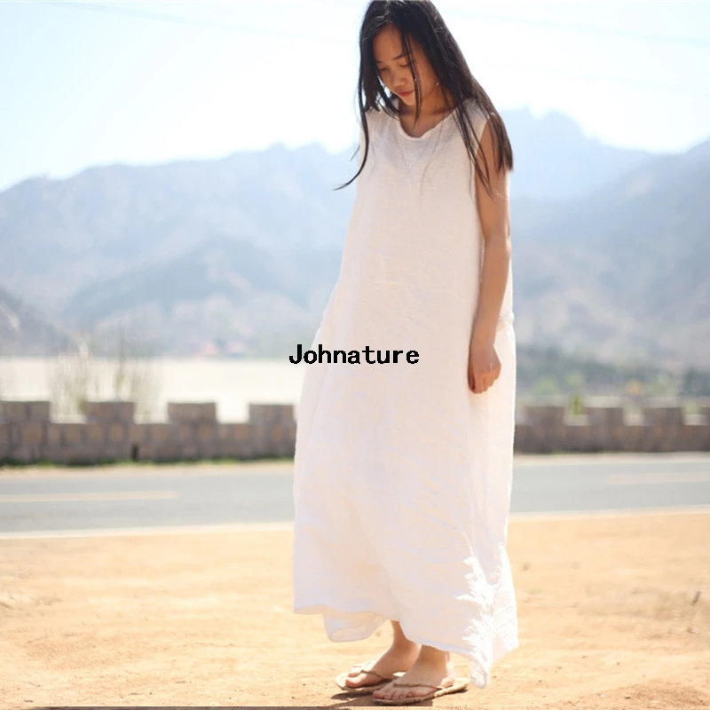 Женское платье без рукавов Johnature Летний стиль двойной хлопок новинка 2021