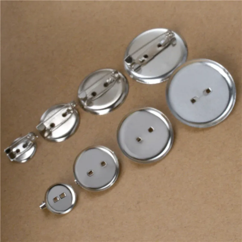 

50pcs/lot Rhodium Color 13 19 24 29mm Round Brooch Base Cabochon Blanks Trays Bezel with Brooch Pins Cameo Cabochon Base Setting