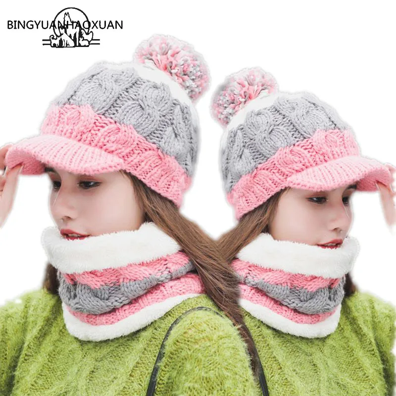 

BINGYUANHAOXUAN Warm Neck Knit hat Fur Pompoms Hat Mask Winter Hat For Girl Wool Skullies Hat Female Balaclava sacrf