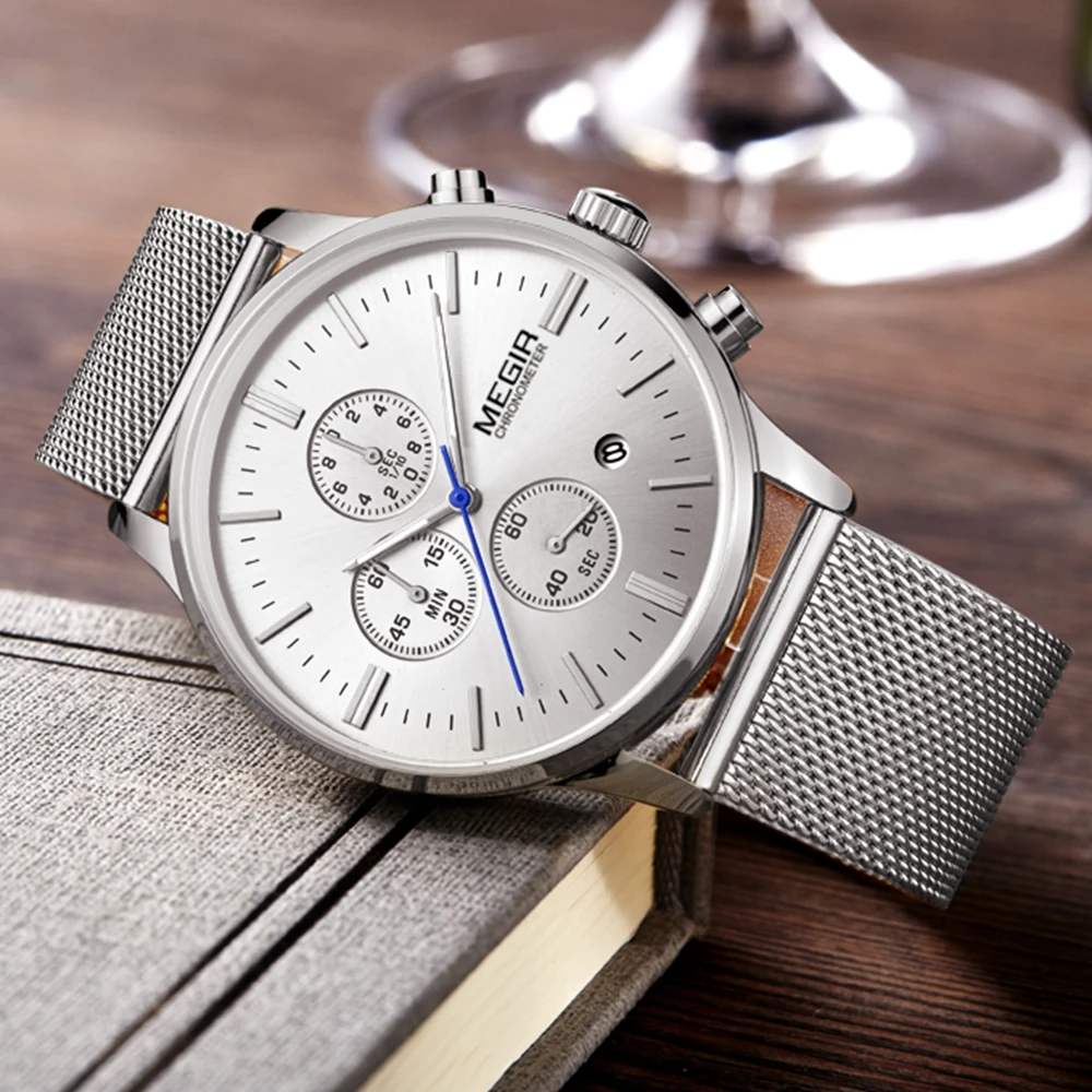 Megir золото серебро черный сетчатым Для мужчин Нержавеющая сталь Montre Homme мужской