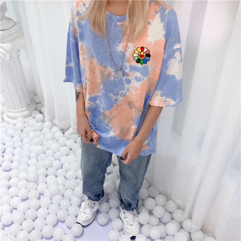 Модная футболка женская летняя одежда корейский стиль Ulzzang Harajuku Цветочные Emboridery галстук окрашенная Футболка женская Повседневная рубашка Топ