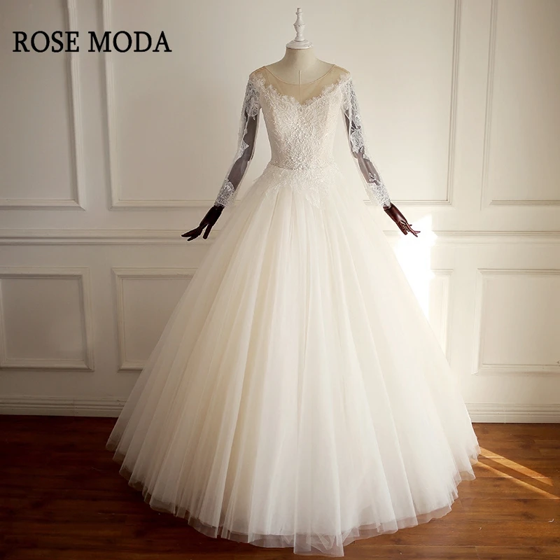 

Rose Moda Long Sleeves Wedding Dress for Muslim Lace Wedding Dresses with Sleeves Real Photos Lace Up Back