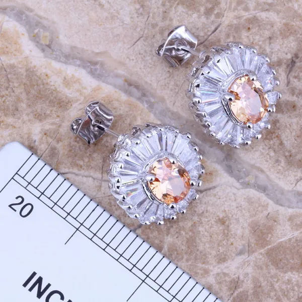 Набор украшений цвета шампанского Morganite с белым фианитом посеребренные серьги