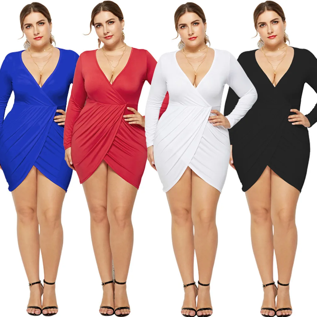 Large Size Women Dress Summer Women Large Size Solid Casual Sexy Deep V-neck Bag Hip Fat Mini Dress vestido festa