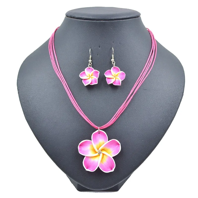 TopHanqi 1set 6color Summer Beach Hawaiian Clay Fimo Frangipani Flower Necklace Earrings Jewelry Sets For Children Girls