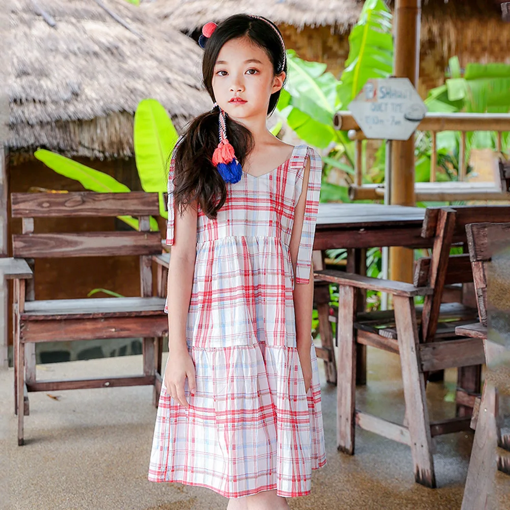Летнее платье для девочек 2018 г. хлопковые клетчатые платья без рукавов детская