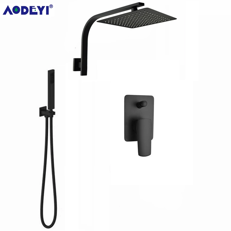 

AODEYI Brass Black Shower Set Bathroom 8" Rain Shower Head Brass Extension Gooseneck Shower Arm Diverter Mixer Handheld Spray