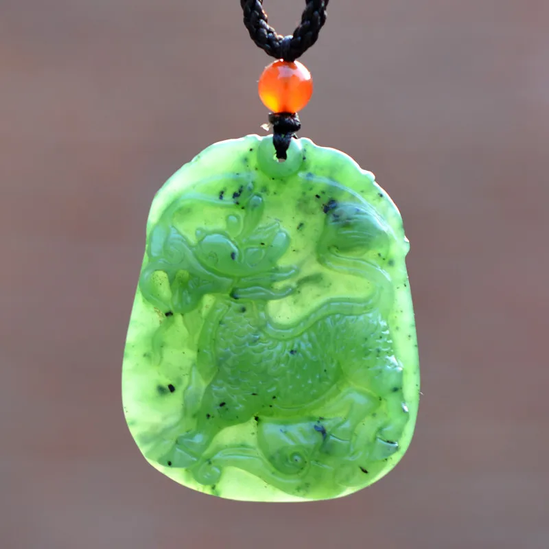 Прямая поставка ожерелье с натуральным зеленым нефритом кулоном Kirin Dragon амулет