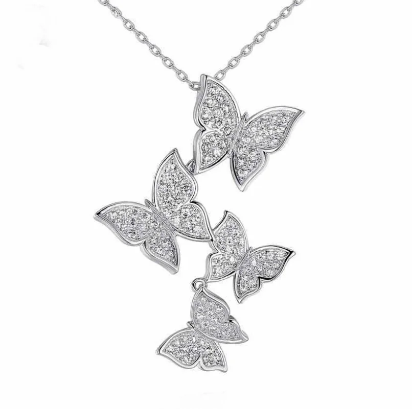 

Unique Luxury Jewelry 925 Silver&Rose Gold Fill Stack Butterfly Pendant Pave AAA Cubic Zirconia Party Women Cute Necklace Chain