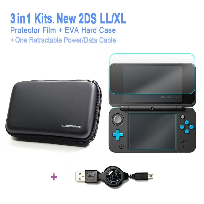 Игровые аксессуары новый жесткий чехол 2DS LL + Выдвижной кабель стеклянная защита