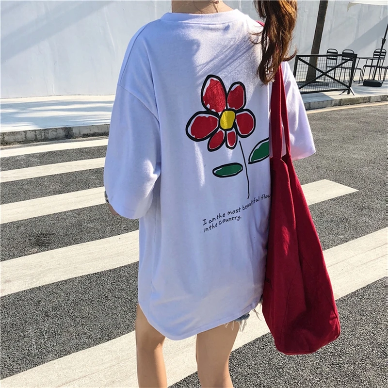 EXOTAO Kawaii футболка с цветочным принтом Женская свободная Harajuku белая женская