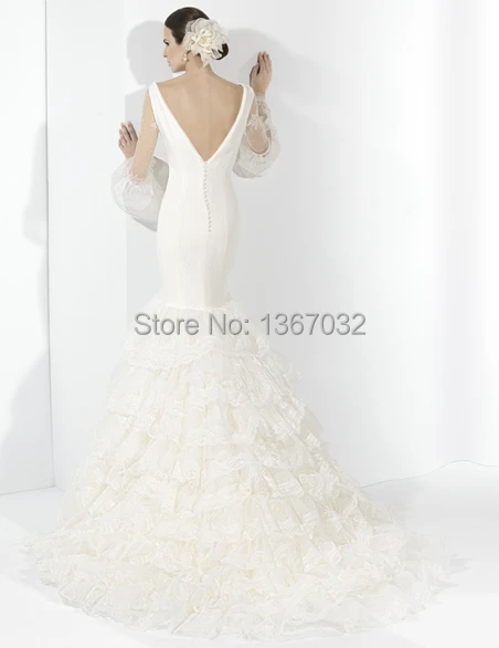 Free shipping -New Arrivals V Neck Lace Sleeve Bridal Dress Court Train Floor Length Open Back Wedding Vestido De Noiva Ne | Свадьбы и