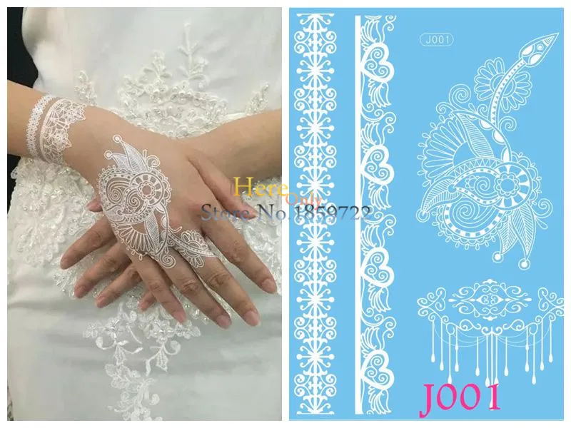 

1PC Waterproof White Henna Tatoo Hand Arm Flower Fake Tattoo Sticker HJ001 Lace Bracelet Tattoo Wedding Makeup Temporary Tattoos