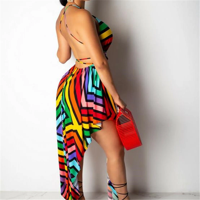 Модное женское платье летнее асимметричное пляжное в полоску без рукавов