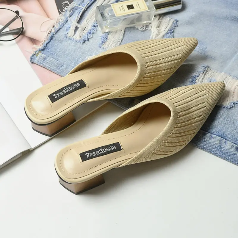 Pointed slippers ladies Hand knitting square head breathable sandals and slippers rubber slippers for women shoes With high 4CM - Цвет: Слоновая кость