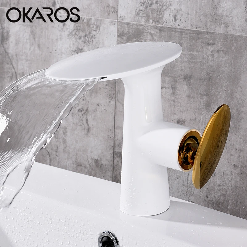 OKAROS, Новое поступление, белый водопад, кран для раковины, водопроводный кран для ванной комнаты, Твердый латунный хромированный кран для раковины, смеситель M060