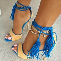 sexy patchwork tassel women summer sandals lace up cut out ankle strap high heel strapp sandals designer women pumps