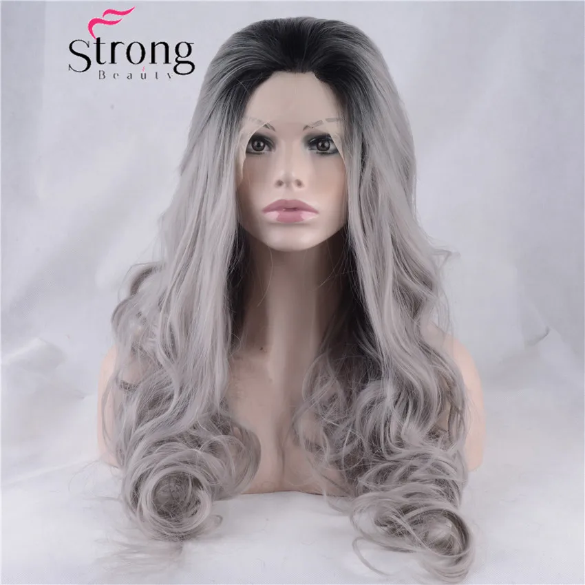 StrongBeauty Омбре пепельные 2 тона синтетический парик с кружевом спереди темно-корни длинные волнистые Серебристые серые замена волос выбор цвета