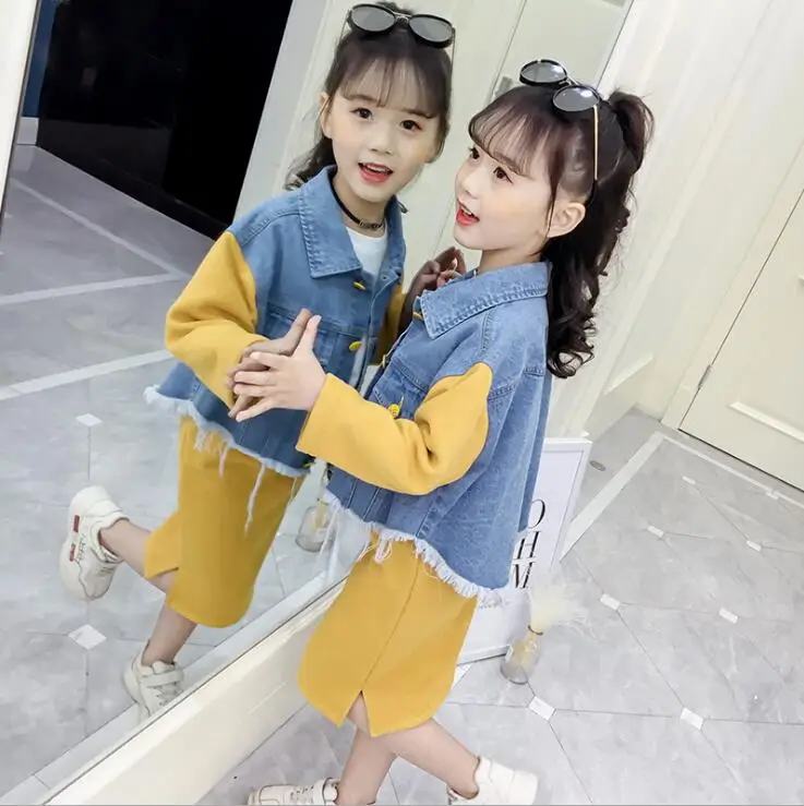 Костюмы для девочек-подростков 2019 Весенняя Модная Джинсовая куртка + юбка-пачка