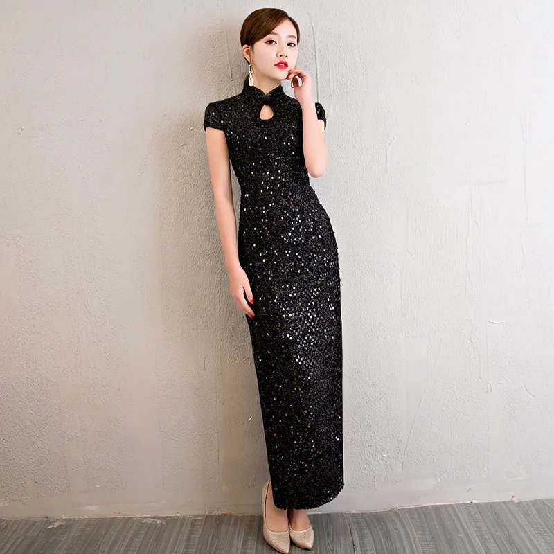 Черный Cheongsam сексуальное платье размера плюс вечернее в традиционном китайском