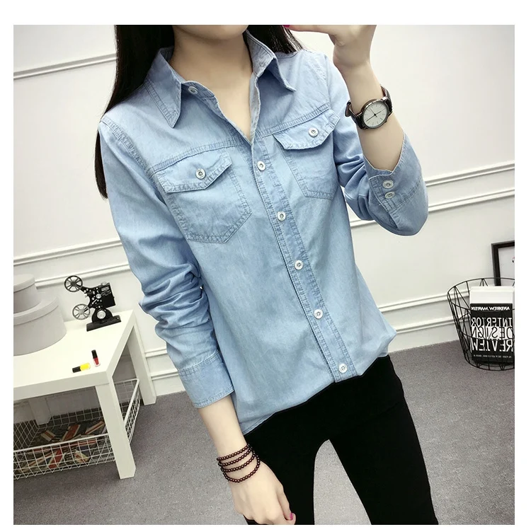 Spring Autumn women Classic basic style Turn-down Collar full-sleeve blouse pocket Button single Breasted Denim shirt casual top