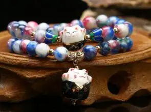 Lucky Cat натуральный камень браслет милый кот очарование Кристалл бисер браслеты для женщин Многослойные ювелирные изделия женские - Окраска металла: blue