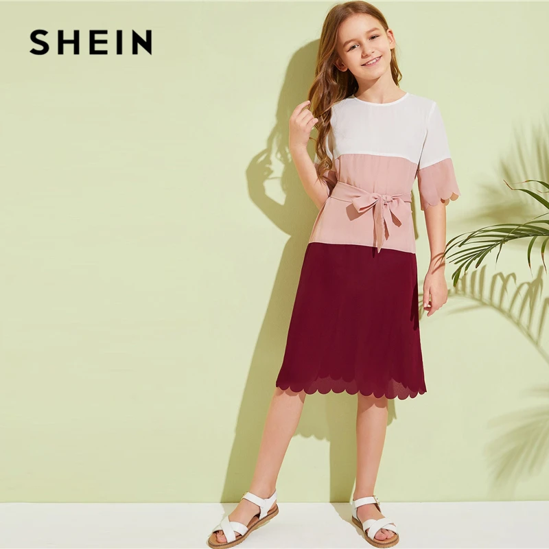 SHEIN/ г. Детское платье-туника для девочек с вырезами и швами; платье с поясом; Детские Летние Повседневные платья средней длины с коротким рукавом и цветными блоками