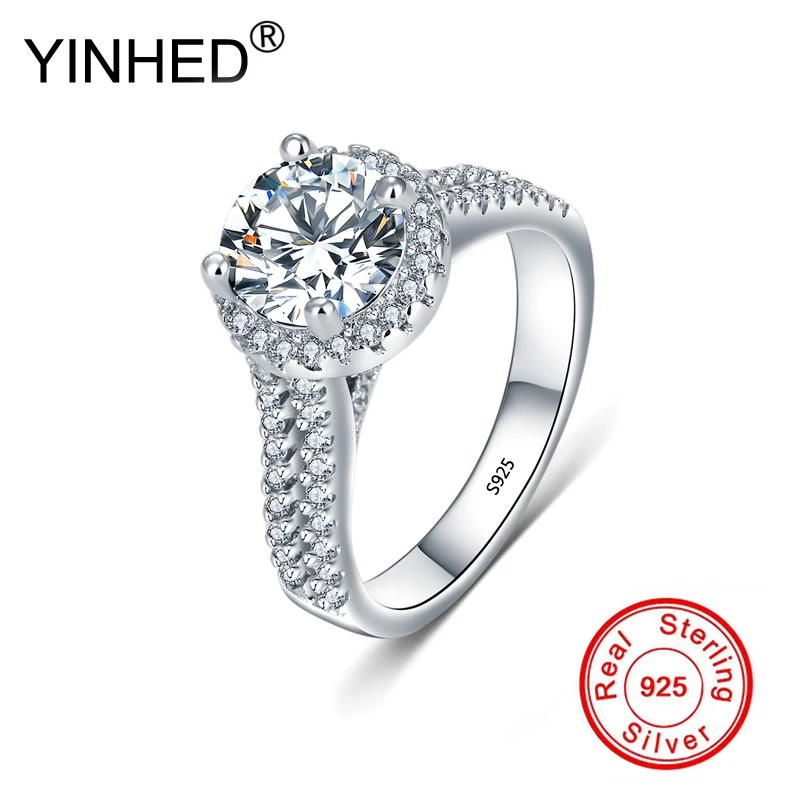 

YINHED Genuine 925 Sterling Silver Ring Jewelry 8mm 2 Carat 5A Round CZ Diamond Engagement Wedding Rings for Women ZR573
