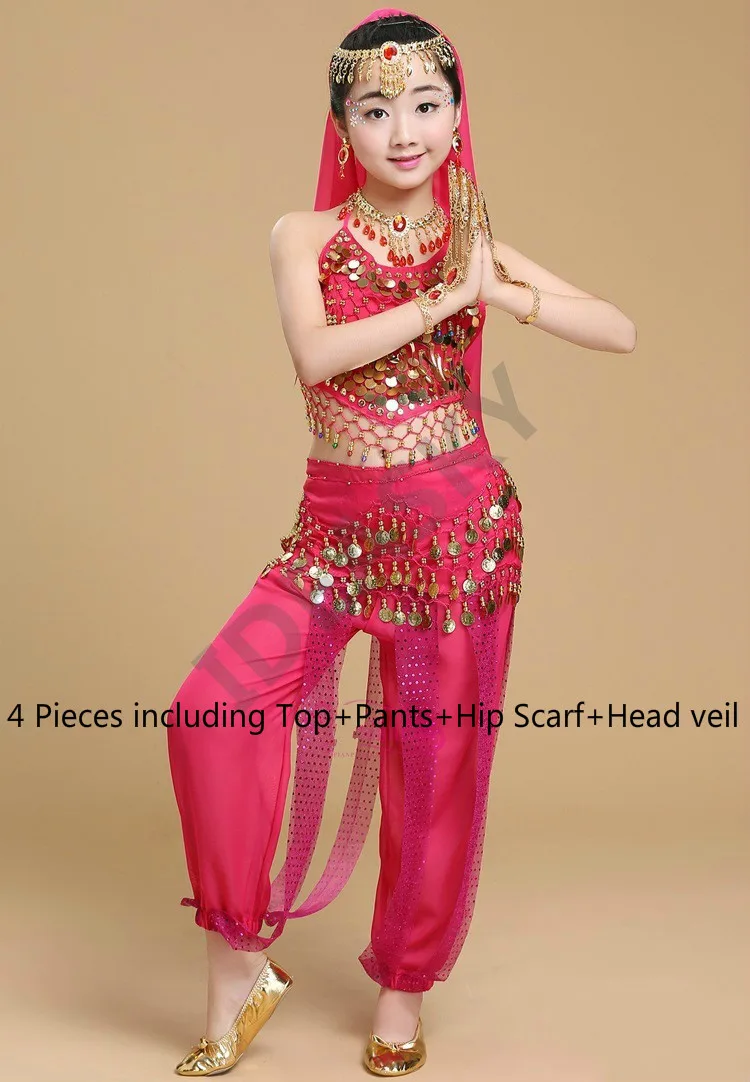 hot pink 4pcs Детский костюм для восточного танца, костюмы для восточных танцев, одежда для танца живота, индийские костюмы для девочек, для взрослых - Цвет: hot pink 4pcs