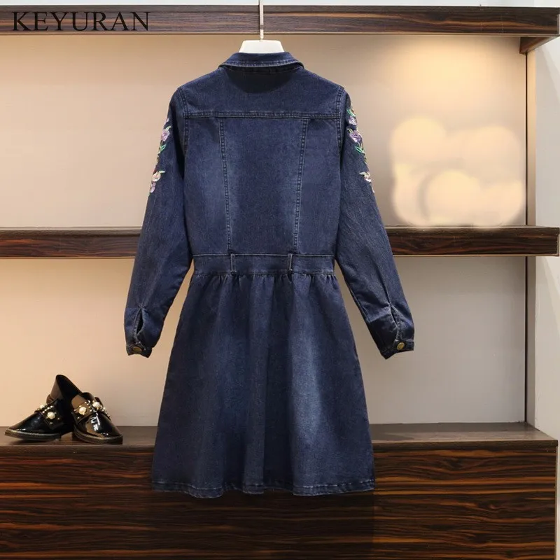 Elegant Spring Autumn Chic Floral Embroidery Dresses Long Sleeve A-Line Women Casual Denim Lapel Single-breasted Dress Big Size | Женская