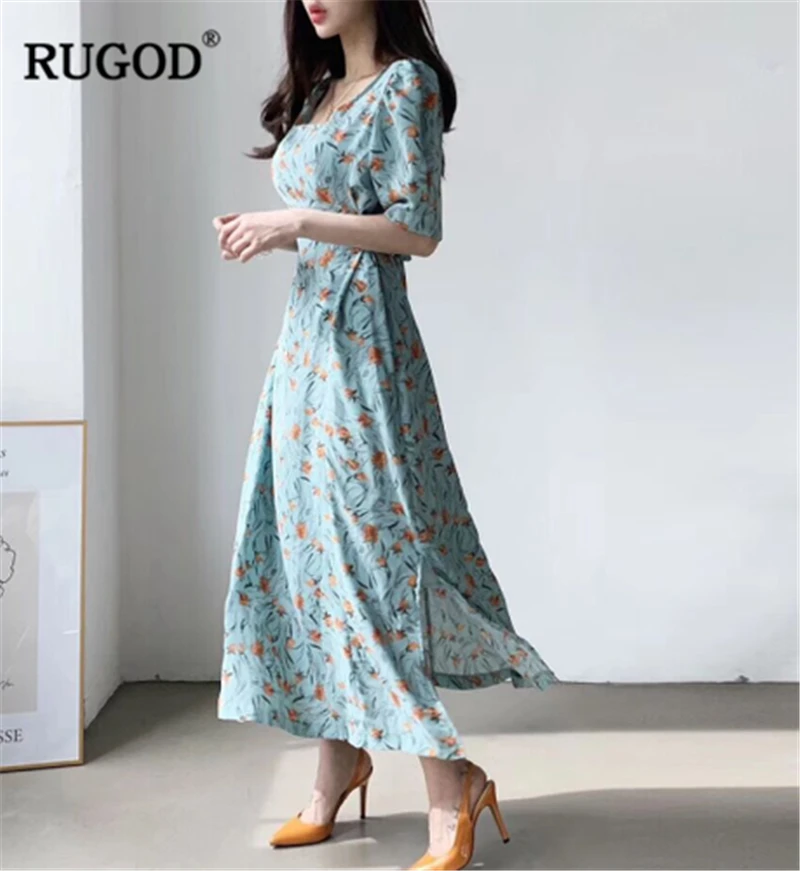 RUGOD, Новое поступление, летнее женское платье с цветочным рисунком, квадратный воротник, длина по щиколотку, тонкое, пролитое платье, корейский стиль, Modis Mujer Vestidos