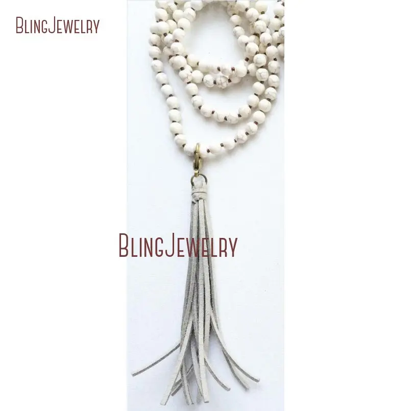 

Knot Turquoises Howlite Beads Necklace Sueded Leather Tassel Pendant Necklace COLORS NM20764