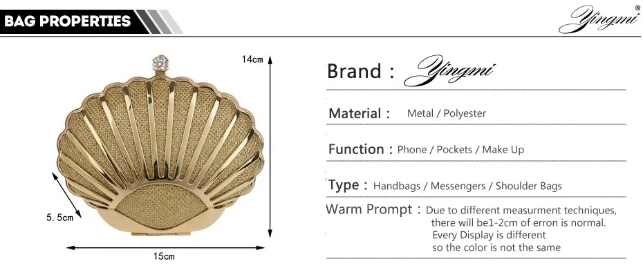 YINGMI Women Evening Bag Popular Fashion Alloy Day Clutch Bags Crystal Shell Small purse Bags Wedding Bridal Diamond Bags
