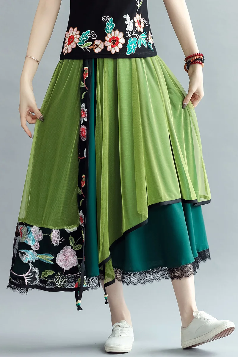 

Summer Women Fashion Floral Embroidery Skirt Female Vintage Style Elastic Waist Mesh Casual Beach Skirts Saias