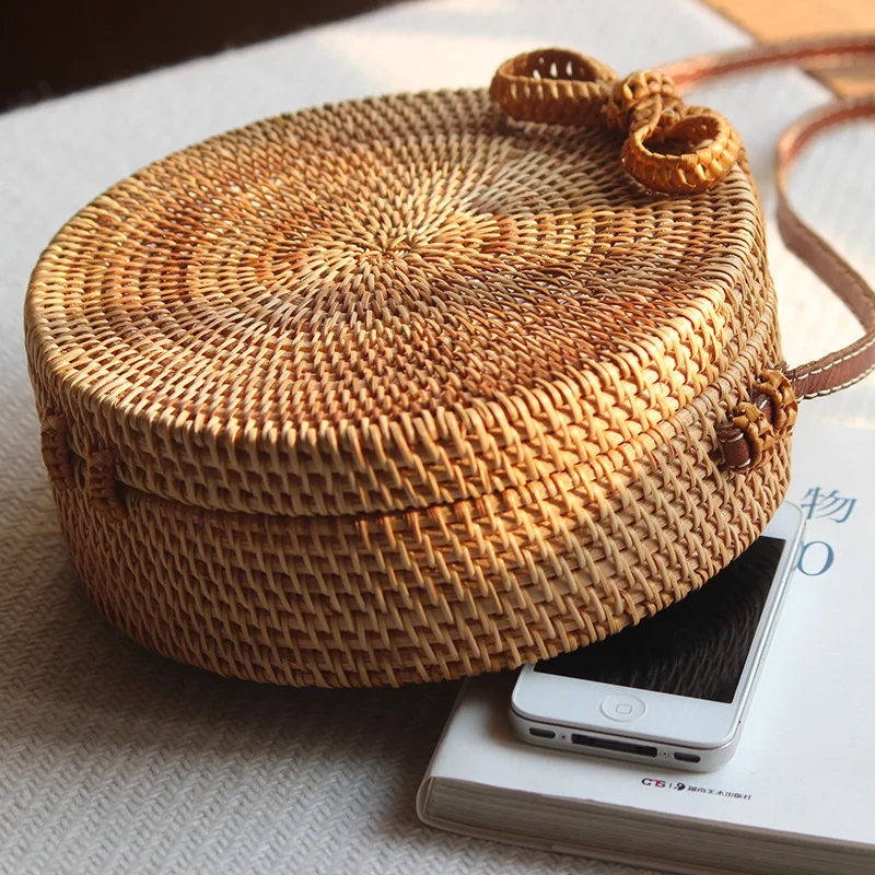 Круглые кожаные сумочки из ротанга с Бали соломенные сумки через плечо для