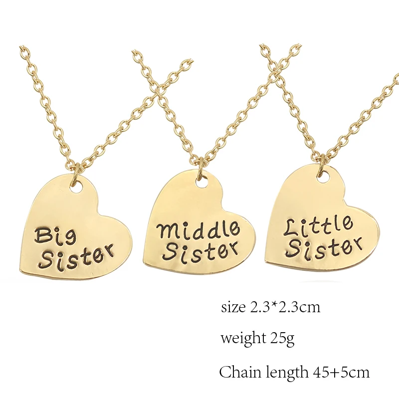 

3 Pcs Heart Big Mid Lit Sis Necklace For Women Big Sister Middle Sister Little Sister Pendant Family BFF Best Friends Forever